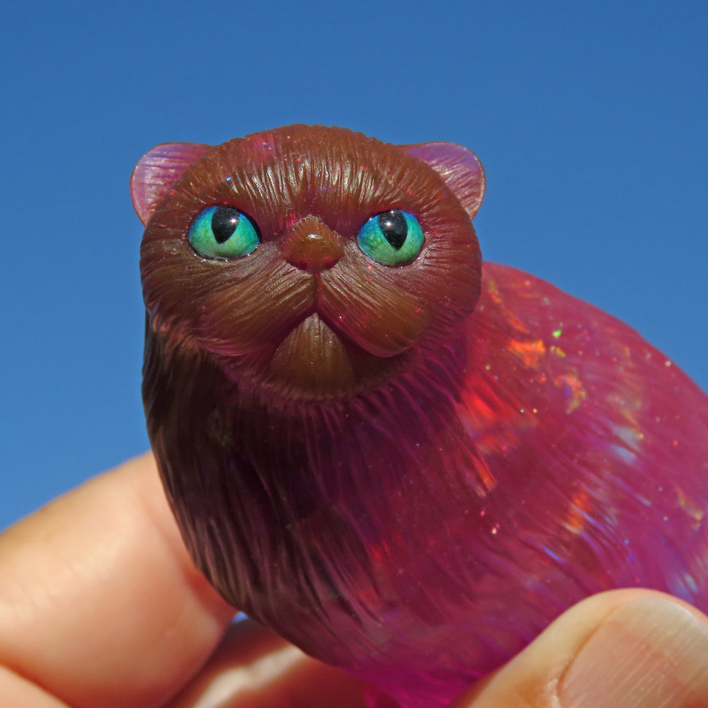 Handmade Opaline Pink Persian Cat Figurine