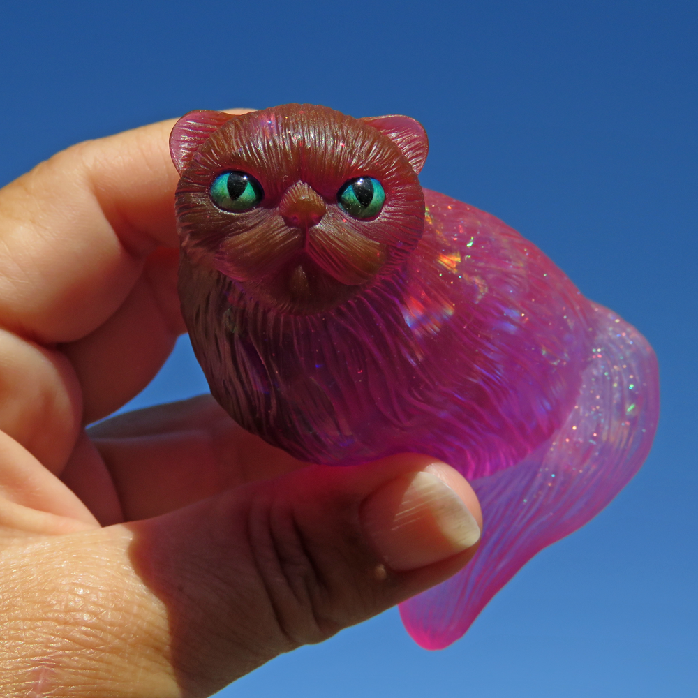 Handmade Opaline Pink Persian Cat Figurine