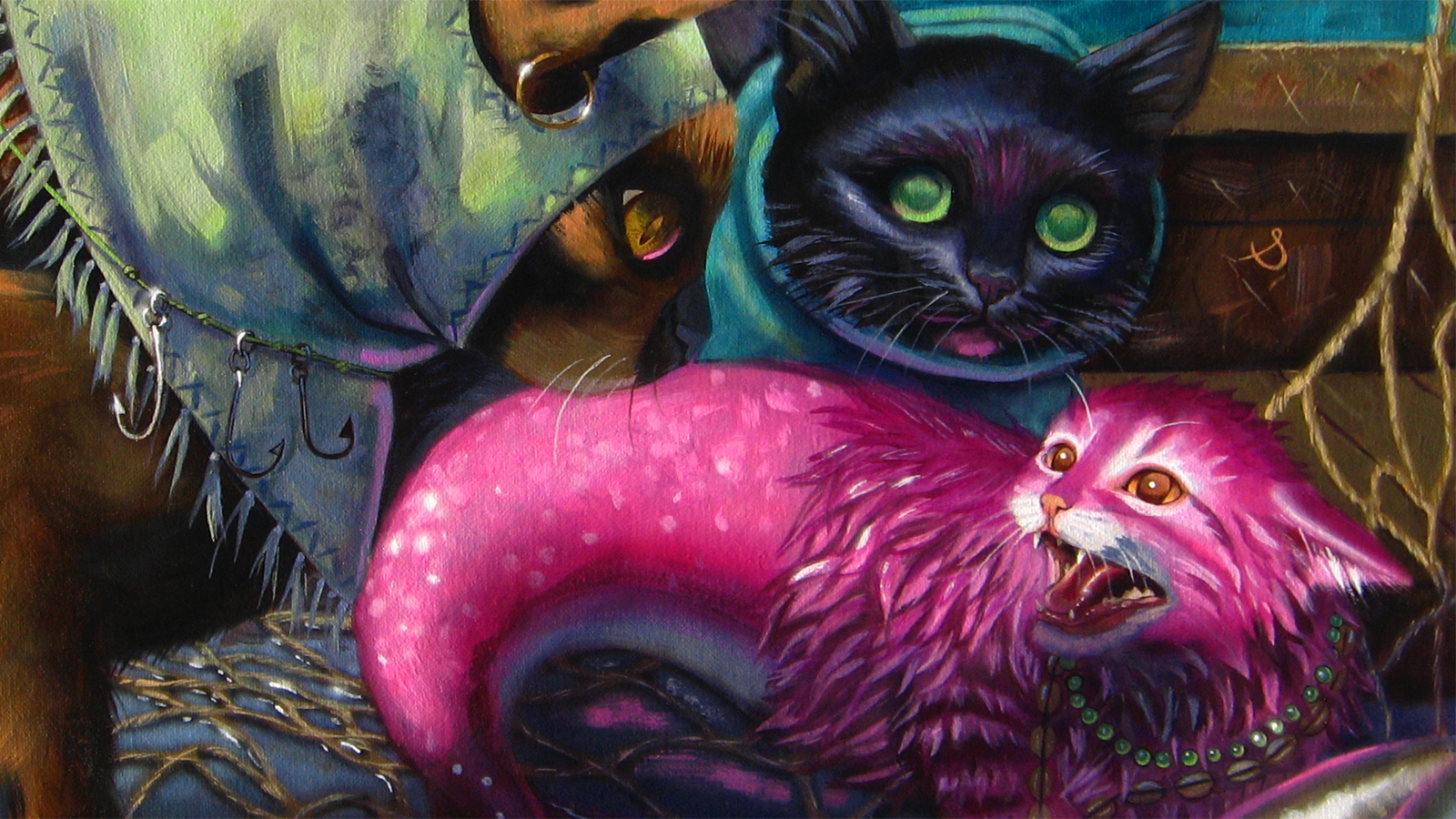 Two curious cats that were fishing on a boat have accidentally caught an angry pink mermaid kitten.