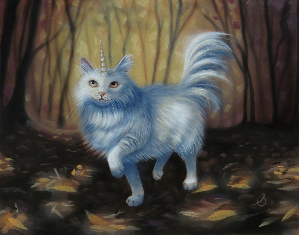 "Sun Dance"—A 14"x11" Original Acrylic Unicorn Cat Painting