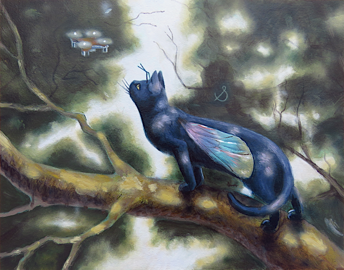 "Drone"—11"x14" Acrylic Cat Painting on MDF Panel