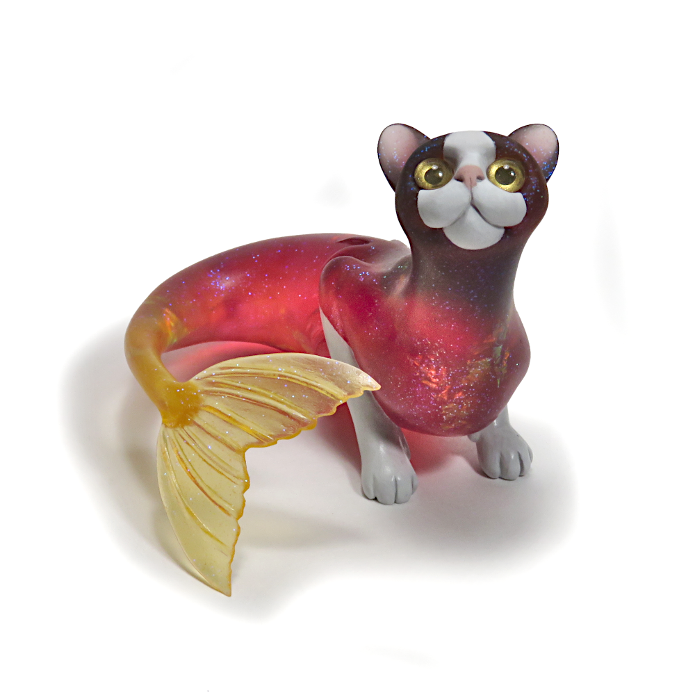 "Red Purrmaid"—handmade resin mermaid cat figurine