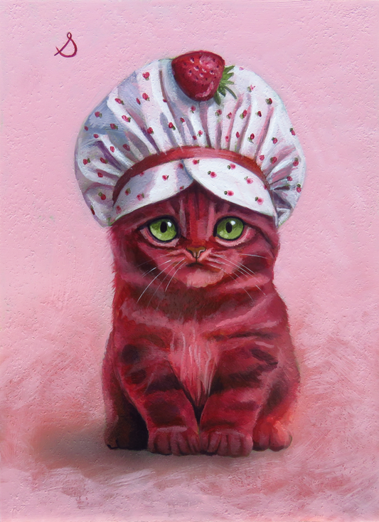 "Strawberry Shortcat"—8"x11" acrylic painting on panel