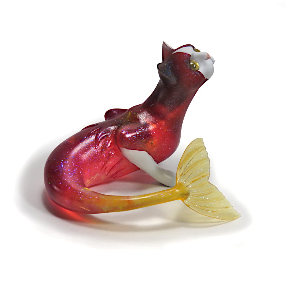 "Red Purrmaid"—handmade resin mermaid cat figurine